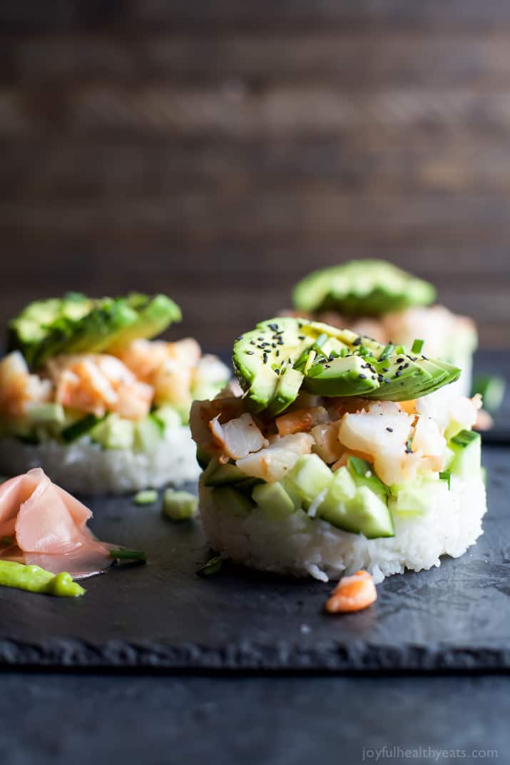 In the mood for Sushi but don't have the time? Problem solved with this easy healthy Stacked California Sushi Roll filled with shrimp, fresh cucumbers, and avocado. Sushi night just got better! | joyfulhealthyeats.com #glutenfree