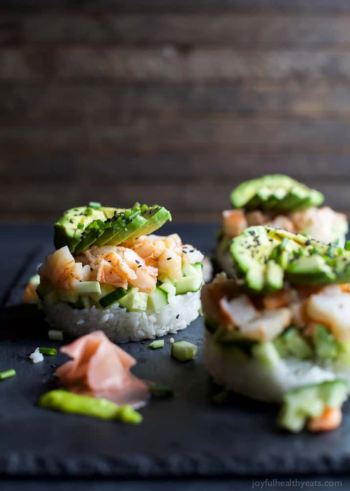 In the mood for Sushi but don't have the time? Problem solved with this easy healthy Stacked California Sushi Roll filled with shrimp, fresh cucumbers, and avocado. Sushi night just got better! | joyfulhealthyeats.com #glutenfree