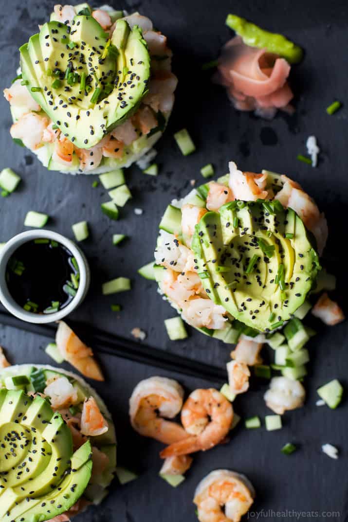 In the mood for Sushi but don't have the time? Problem solved with this easy healthy Stacked California Sushi Roll filled with shrimp, fresh cucumbers, and avocado. Sushi night just got better! | joyfulhealthyeats.com #glutenfree