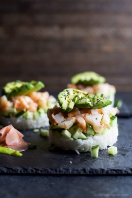 In the mood for Sushi but don't have the time? Problem solved with this easy healthy Stacked California Sushi Roll filled with shrimp, fresh cucumbers, and avocado. Sushi night just got better! | joyfulhealthyeats.com #glutenfree