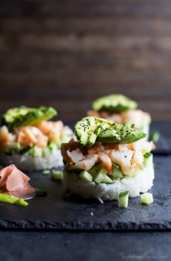 In the mood for Sushi but don't have the time? Problem solved with this easy healthy Stacked California Sushi Roll filled with shrimp, fresh cucumbers, and avocado. Sushi night just got better! | joyfulhealthyeats.com #glutenfree