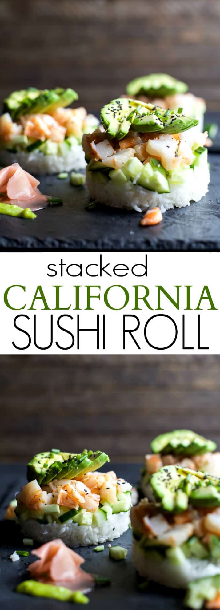 In the mood for Sushi but don't have the time? Problem solved with this easy healthy Stacked California Sushi Roll filled with shrimp, fresh cucumbers, and avocado. Sushi night just got better! | joyfulhealthyeats.com #glutenfree