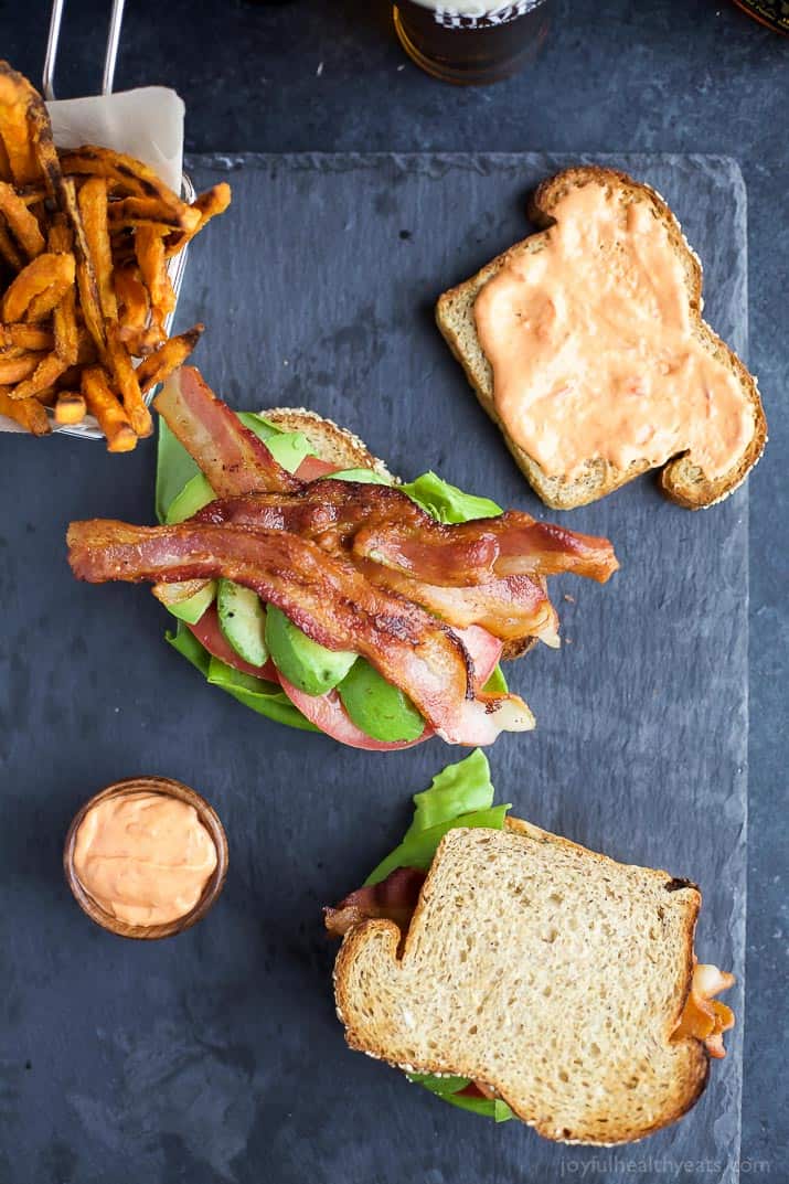 The Ultimate Avocado BLT slathered with a Harissa Mayo that takes this sandwich over the top... that and it's BACON and AVOCADO people! | joyfulhealthyeats.com