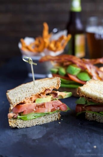 The Ultimate Avocado BLT slathered with a Harissa Mayo that takes this sandwich over the top... that and it's BACON and AVOCADO people! | joyfulhealthyeats.com