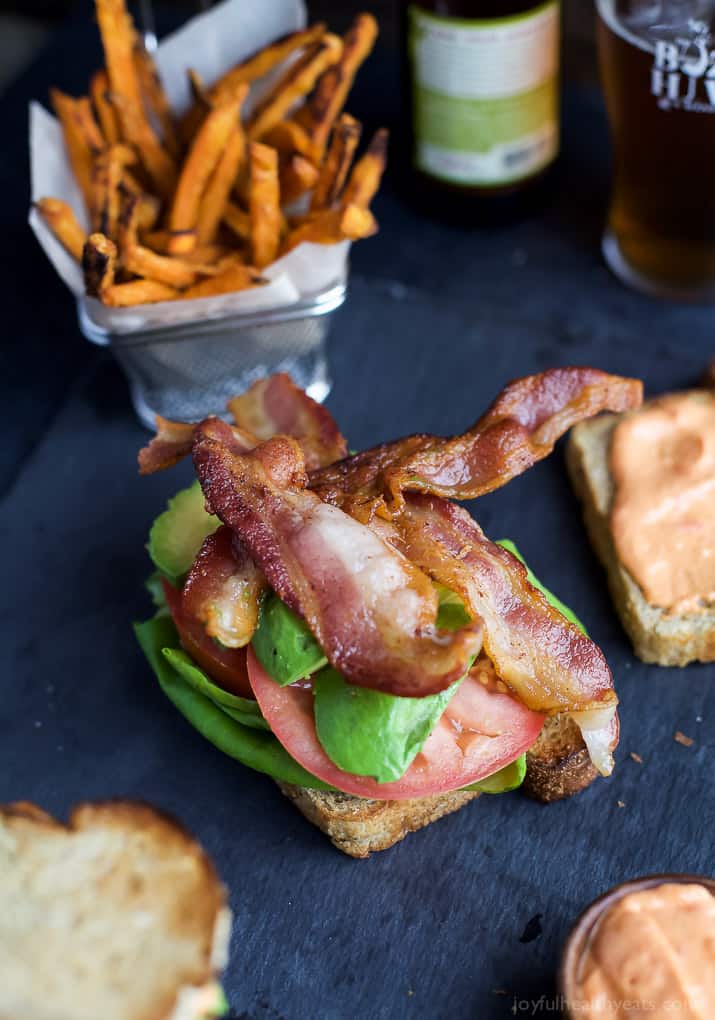 The Ultimate Avocado BLT slathered with a Harissa Mayo that takes this sandwich over the top... that and it's BACON and AVOCADO people! | joyfulhealthyeats.com