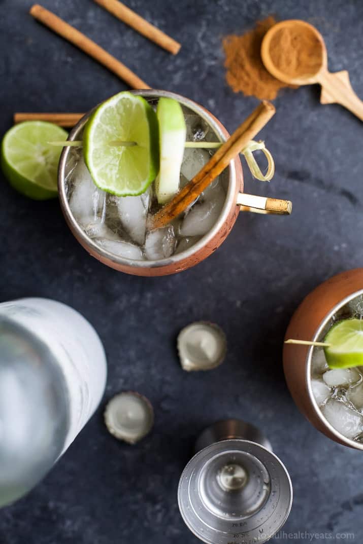 Top view of apple cider moscow mule in a copper mug