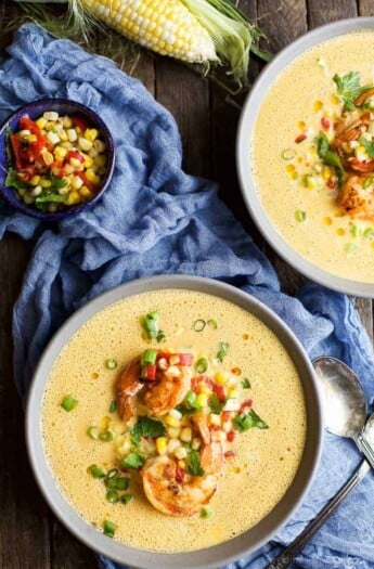 Fall perfection! This Blender Corn Chowder with Pan Seared Shrimp and Corn Relish is healthy, filled with rich flavors, done in 30 minutes and paleo! You're gonna fall in love! | joyfulhealthyeats.com #glutenfree #ad
