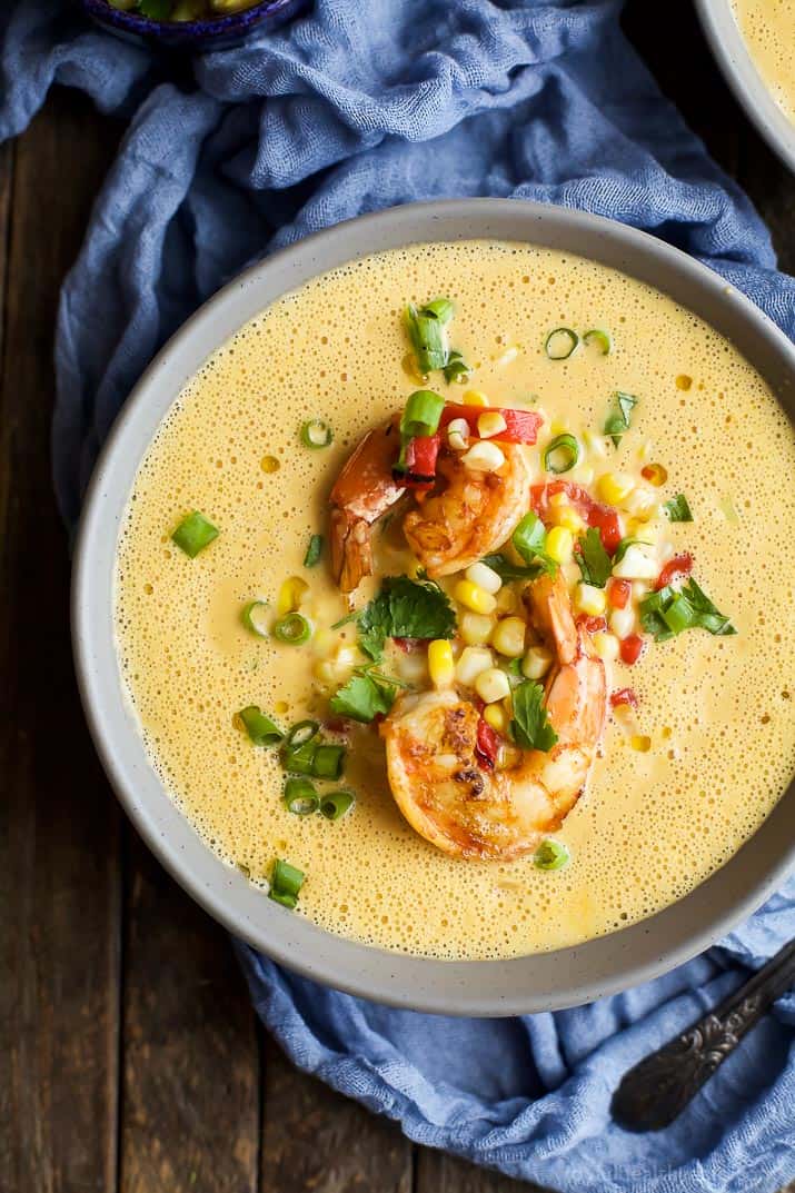 Top view of a bowl of Blender Corn Chowder with Pan Seared Shrimp and Corn Relish