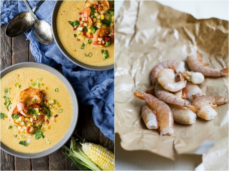 Collage of Top view of two bowls of Blender Corn Chowder with Pan Seared Shrimp and Corn Relish and an image of raw shrimp in butcher paper