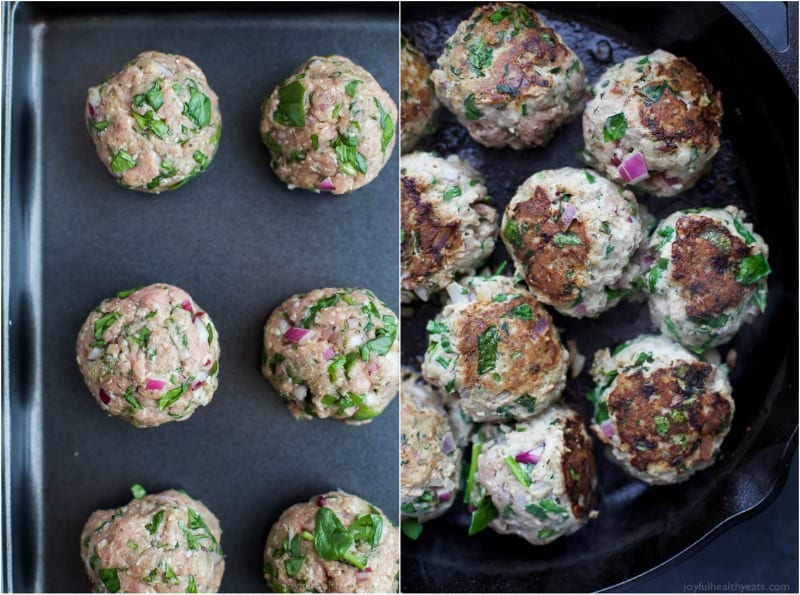 Turkey Meatballs cooking on a baking sheet and in a skillet