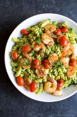 Chimichurri Avocado Pasta with Pan Seared Shrimp, a zesty healthy 25 Minute Pasta you'll feel good about feeding your family! Plus it's loaded with fiber, protein, and healthy fats! | joyfulhealthyeats.com #healthypastamonth #ad