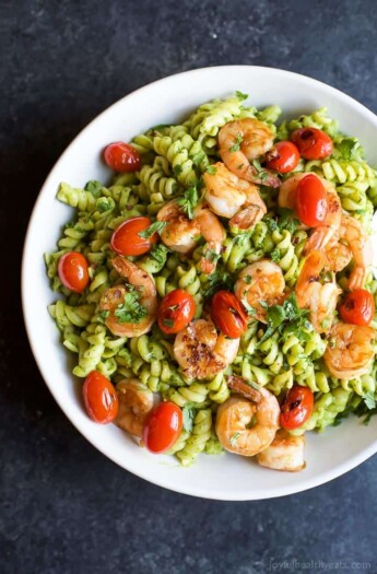 Chimichurri Avocado Pasta with Pan Seared Shrimp, a zesty healthy 25 Minute Pasta you'll feel good about feeding your family! Plus it's loaded with fiber, protein, and healthy fats! | joyfulhealthyeats.com #healthypastamonth #ad