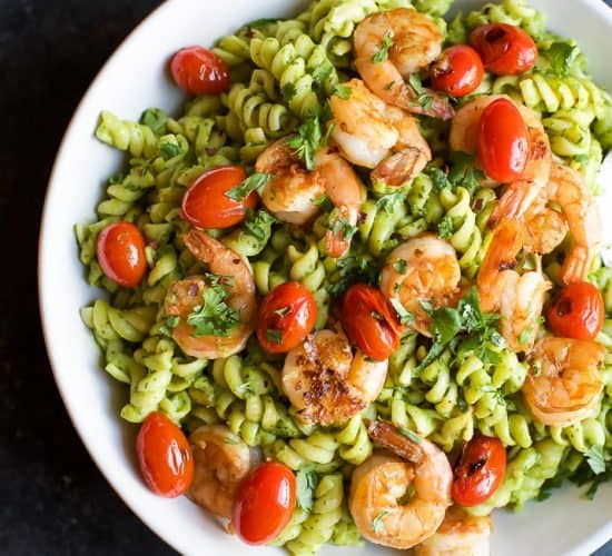 Chimichurri Avocado Pasta with Pan Seared Shrimp, a zesty healthy 25 Minute Pasta you'll feel good about feeding your family! Plus it's loaded with fiber, protein, and healthy fats! | joyfulhealthyeats.com #healthypastamonth #ad