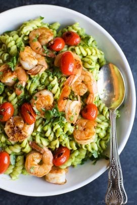 chimichurri avocado pasta with pan seared shrimp and tomatoes