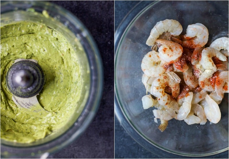 A collage avocado sauce in a food processor and seasoned raw shrimp in a bowl