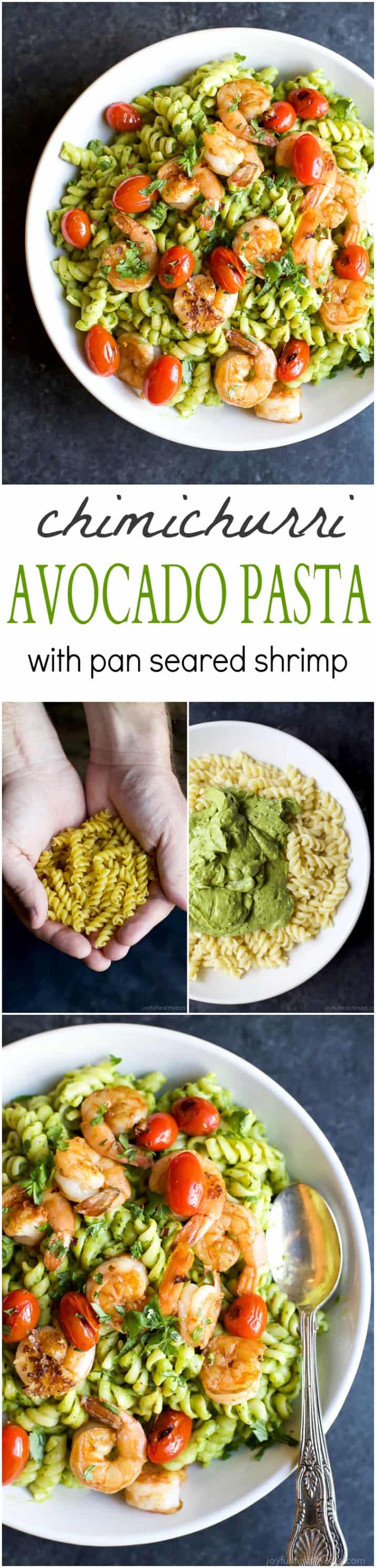 Pinterest collage for Chimichurri Avocado Pasta with Pan Seared Shrimp recipe