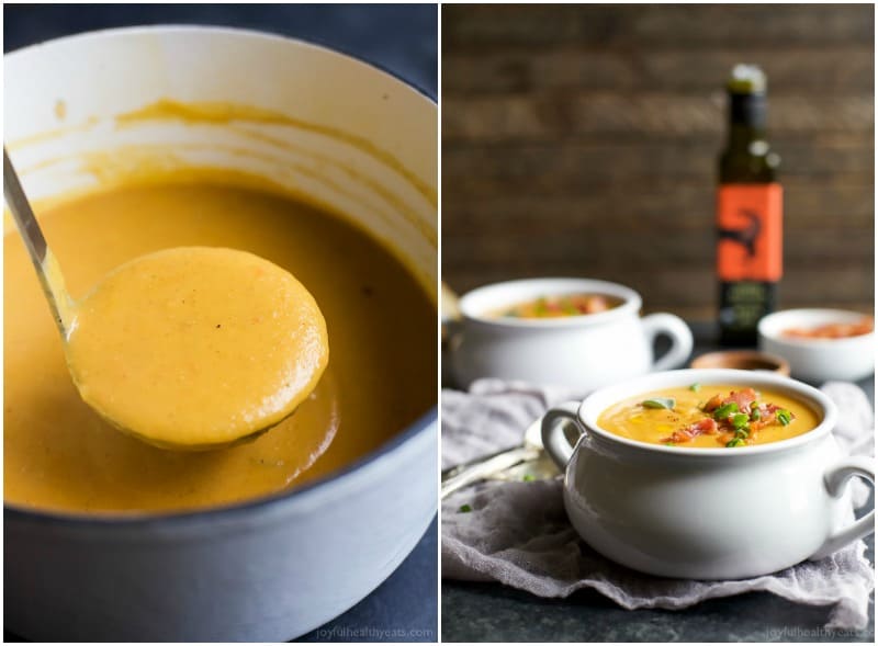 Collage of a ladle in a pot of Creamy Bacon Roasted Butternut Squash Soup and two crocks of soup