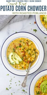Title Image for Crock Pot Potato Corn Chowder and a bowl of corn chowder with avocado slices