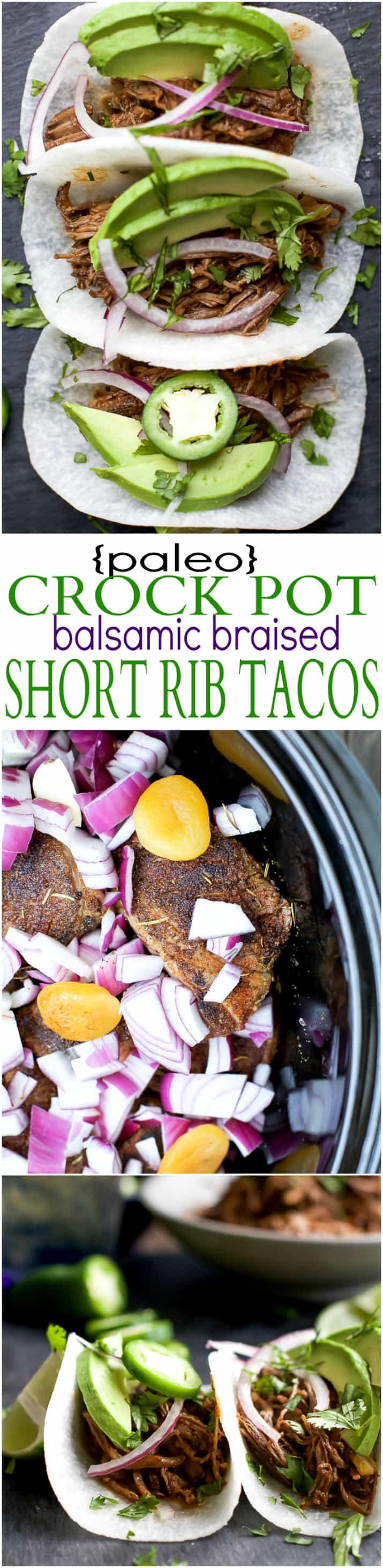 These Paleo Crock Pot Balsamic Braised Short Rib Tacos will be your new favorite Crock Pot recipe! Cuz Tacos... duh! They are sweet & spicy, easy, healthy, and totally deliver on flavor! You're gonna be in love! | joyfulhealthyeats.com #glutenfree