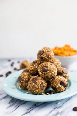 plate piled with pumpkin chocolate chip energy bites