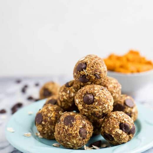 A Plate Piled with Pumpkin Chocolate Chip Energy Bites