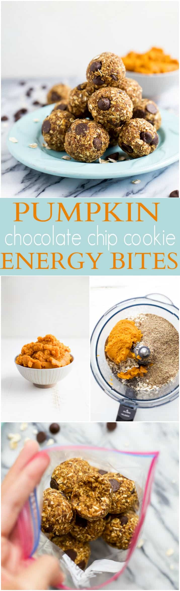 Kick up your energy during the day with these easy healthy Pumpkin Chocolate Chip Cookie Energy Bites! The perfect bite of pumpkin this fall and great for a midday snack! | joyfulhealthyeats.com