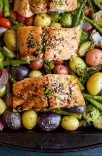 Sheet Pan Balsamic Salmon on a bed of potatoes, asparagus, and brussels sprouts