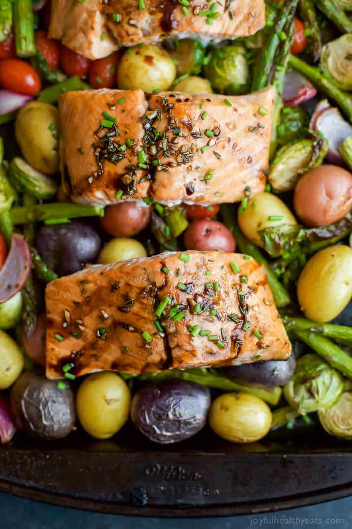 Sheet Pan Balsamic Salmon on a bed of potatoes, asparagus, and brussels sprouts