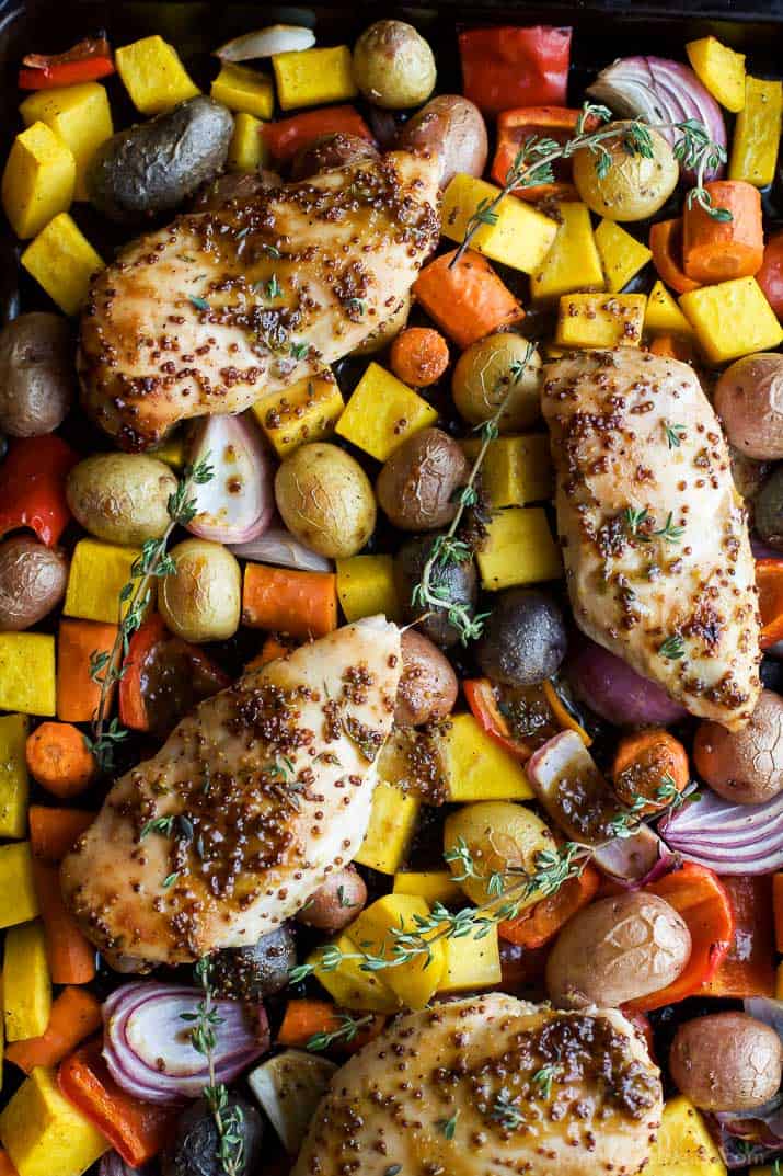 Sheet Pan Honey Mustard Chicken & Vegetables a meal that's healthy, easy, absolutely delicious, only 30 minutes and such an easy clean up! | joyfulhealthyeats.com #glutenfree #paleo