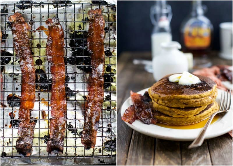 A collage of an image of candied bacon and a picture of pumpkin pancakes and candied bacon on a plate
