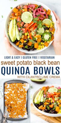 pinterest image for easy sweet potato black bean quinoa bowls with crema