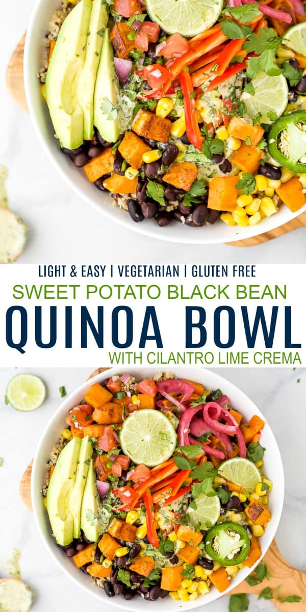 pinterest image for easy sweet potato black bean quinoa bowls with crema
