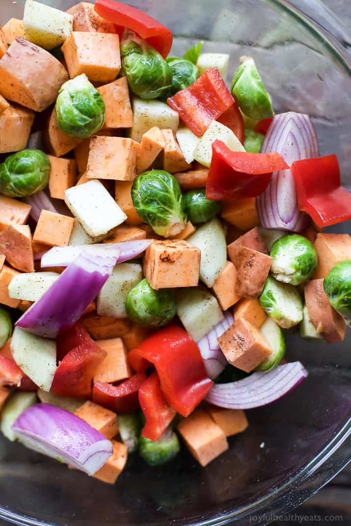 Close-up of a bowl of diced vegetables for roasting