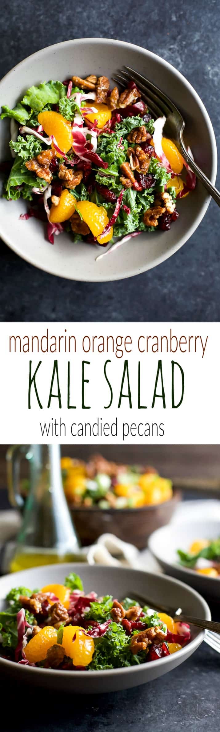 A simple KALE SALAD filled with mandarin oranges, tart cranberries and candied pecans for the perfect bite! I guarantee this salad will win over any kale hater and become a staple at your house! | joyfulhealthyeats.com #glutenfree