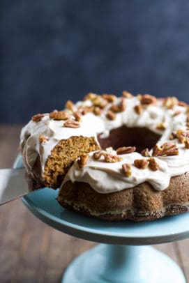 PUMPKIN ... the star of fall recipes and definitely a shining star in this Moist Pumpkin Bundt Cake topped with a light Cream Cheese Frosting. You're gonna love the secret ingredient in the frosting to make it lighter! | joyfulhealthyeats.com