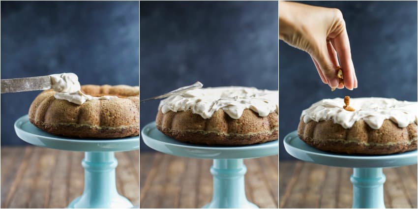 A collage of three images showing the process of topping the bundt cake with frosting and pecans