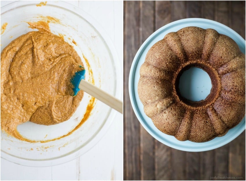 A collage of two images showing the batter and the finished cake side by side