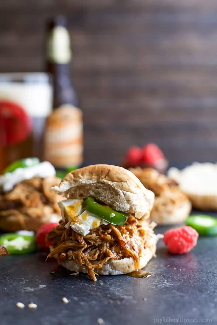 Crock Pot Raspberry-Chipotle Chicken Sliders are an easy meal for your next weeknight family dinner! That Sweet, Spicy Smoky sauce will get you every time! | joyfulhealthyeats.com 