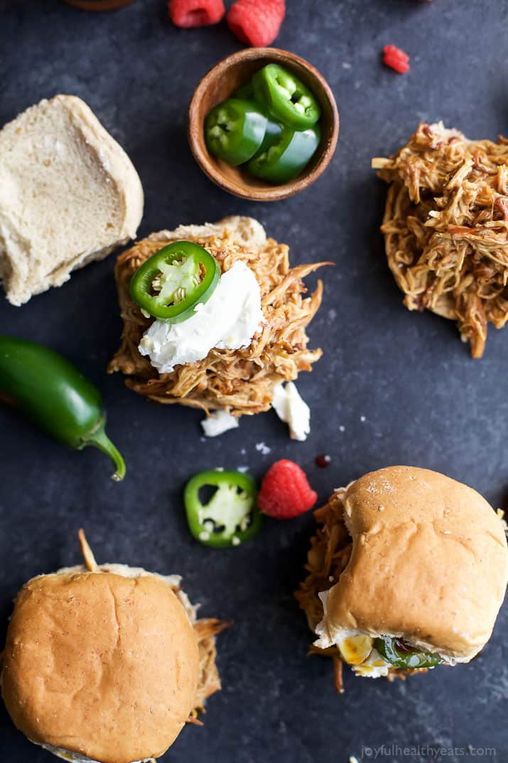 Crock Pot Raspberry-Chipotle Chicken Sliders are an easy meal for your next weeknight family dinner! That Sweet, Spicy Smoky sauce will get you every time! | joyfulhealthyeats.com 