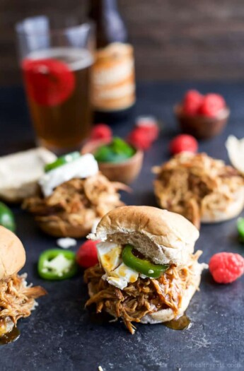 Crock Pot Raspberry-Chipotle Chicken Sliders are an easy meal for your next weeknight family dinner! That Sweet, Spicy Smoky sauce will get you every time! | joyfulhealthyeats.com