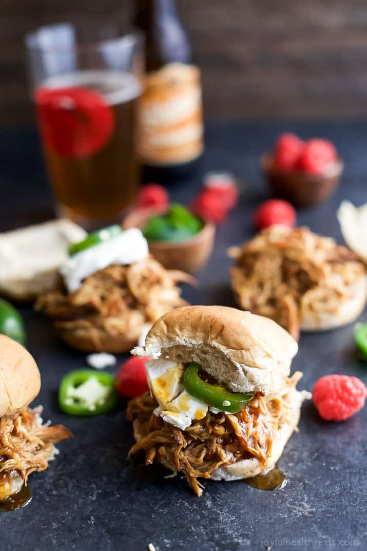 Crock Pot Raspberry-Chipotle Chicken Sliders are an easy meal for your next weeknight family dinner! That Sweet, Spicy Smoky sauce will get you every time! | joyfulhealthyeats.com 