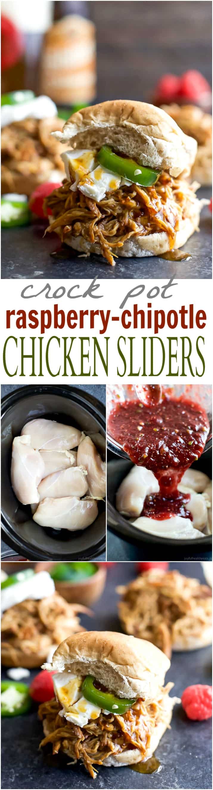 Crock Pot Raspberry-Chipotle Chicken Sliders are an easy meal for your next weeknight family dinner! That Sweet, Spicy Smoky sauce will get you every time! | joyfulhealthyeats.com 