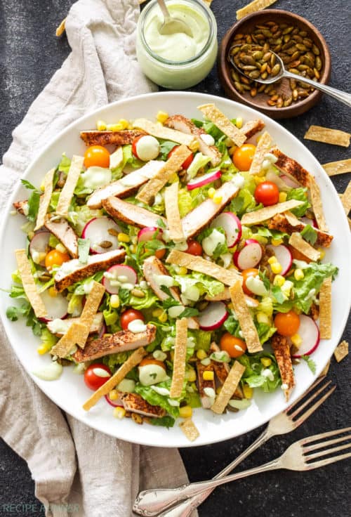 Salad as a main dish? You bet! This Southwest Chicken Salad with Avocado Lime Dressing is loaded with hearty toppings and won’t leave you hungry!