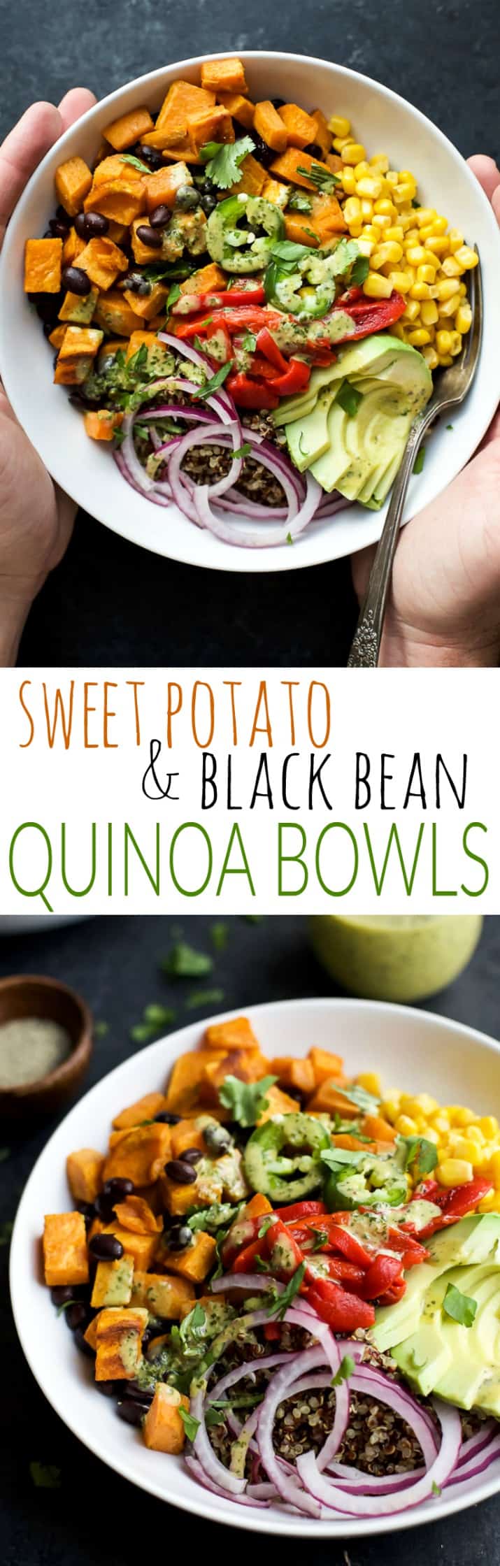 Easy SWEET POTATO BLACK BEAN QUINOA BOWLS topped with a zesty Cilantro Dressing you'll want to pour all over. A fresh vegetarian meal that will satisfy even those meat lovers! | joyfulhealthyeats.com #glutenfree