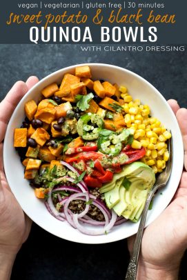 pinterest image for sweet potato black bean quinoa bowls