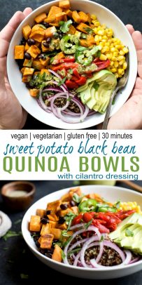 pinterest image for sweet potato black bean quinoa bowls with crema