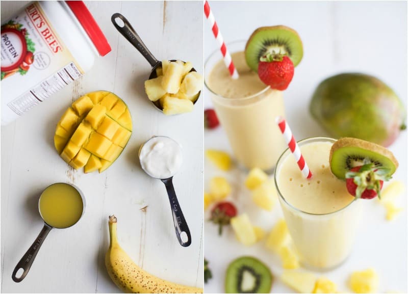 This refreshing Tropical Mango Smoothie is the perfect way to start your day. Fresh flavors that will take you straight to the beach and with 21 grams of protein! | joyfulhealthyeats.com | #drinkitallin #ad 