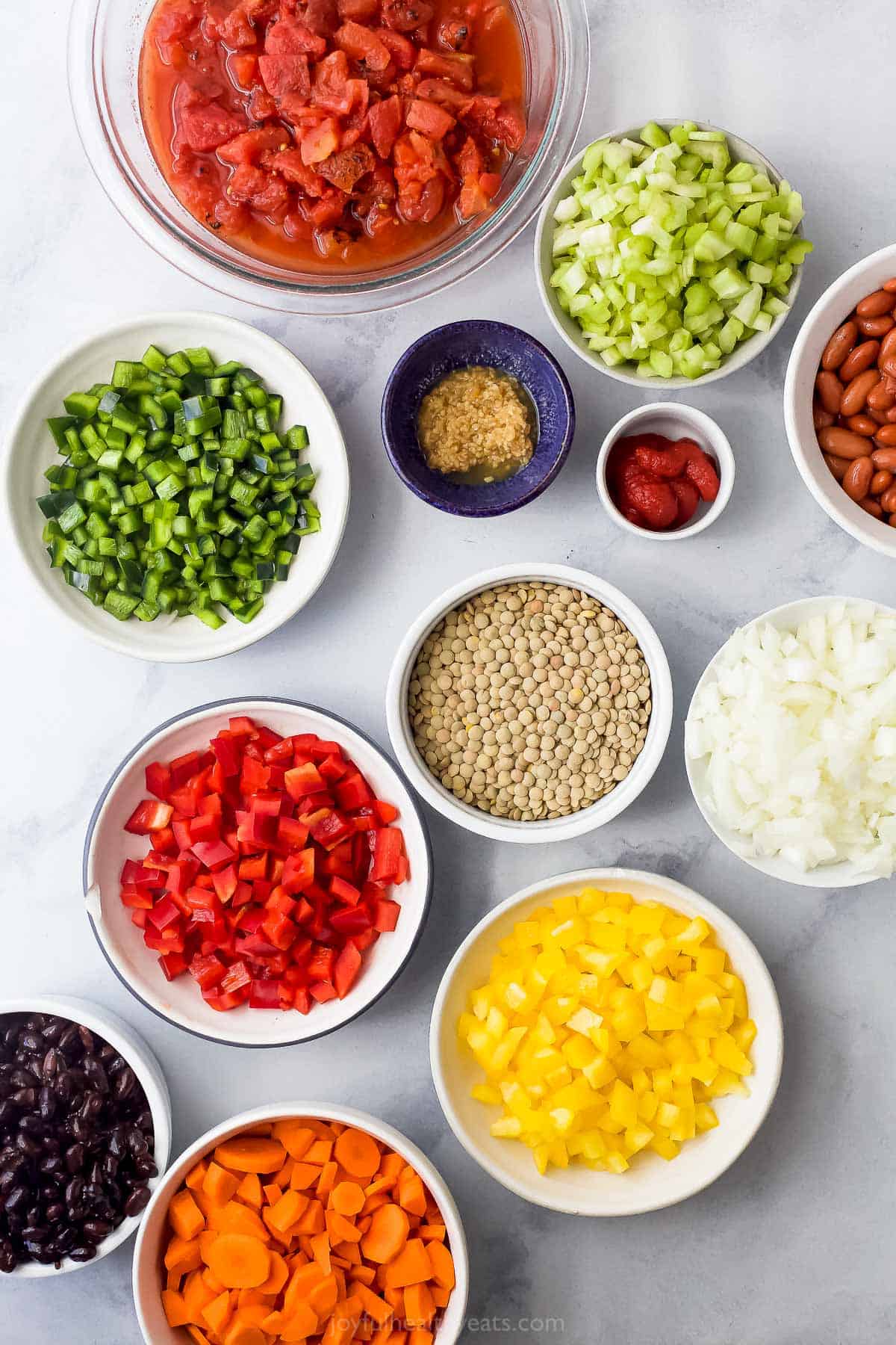 Ingredients for vegetarian lentil chili.