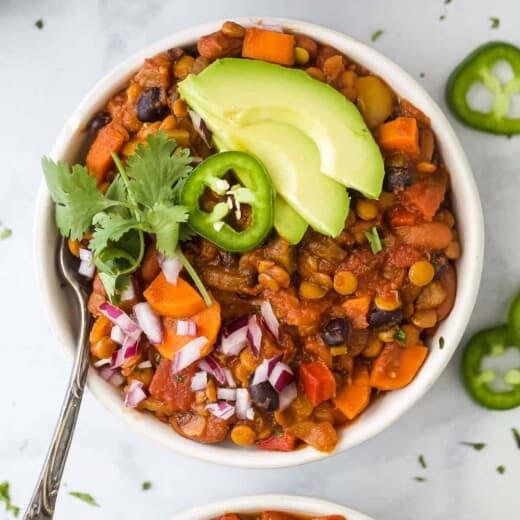 bowl filled with vegetarian lentil chili
