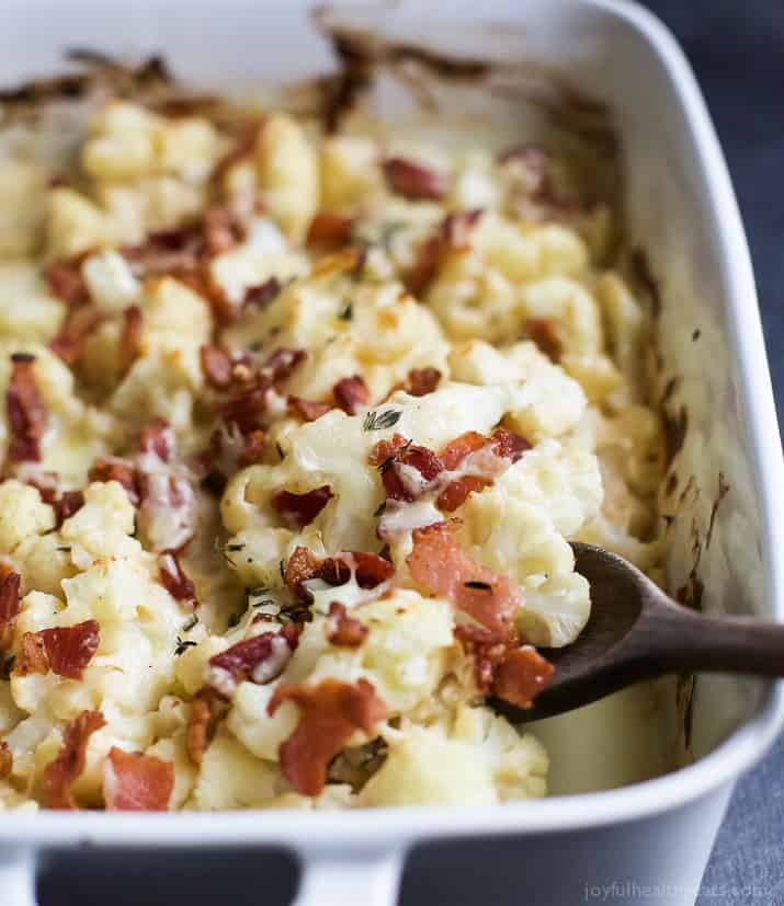 BACON CAULIFLOWER AU GRATIN in a baking dish